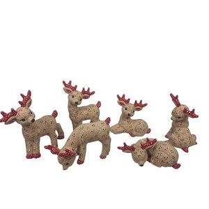 Set Of 6 Handcrafted Ceramic Reindeer Figurines Red Antlers & Floral Vintage